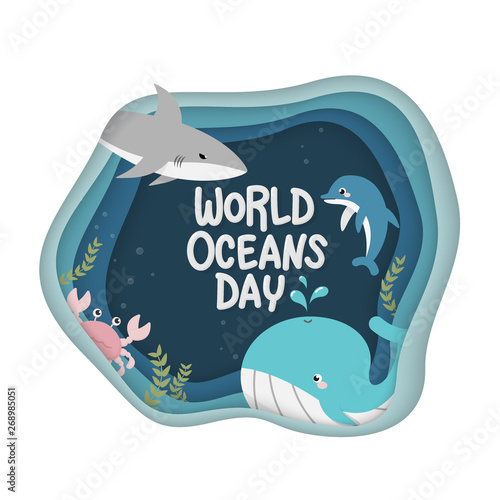 World Oceans Day. vector of marine life for celebration dedicated to help protect, and conserve world oceans, water, ecosystem and inform the public of the impact of human actions on the ocean