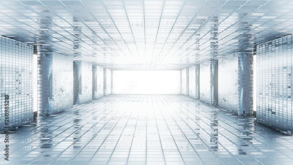 Fototapeta premium White tiles blank room interior glossy and lighting backdrop, 3d rendering.