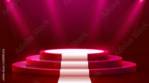 Abstract round podium with white carpet illuminated with spotlight. Award ceremony concept. Stage backdrop.