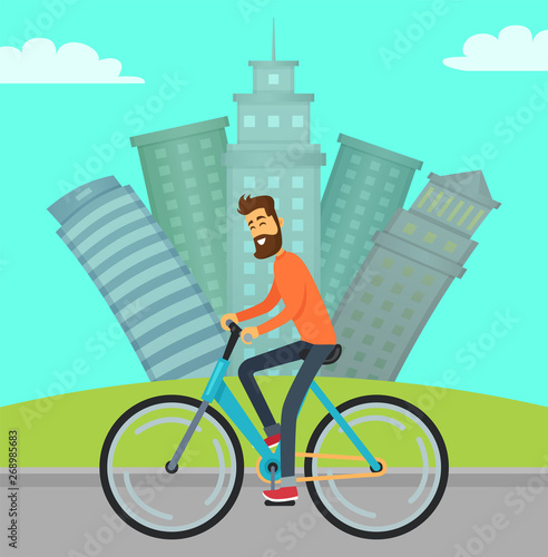 Cityscape with skyscrapers and buildings vector, man riding bike, biker flat style. Green lawn and path, way of male on bicycle, bicyclist smiling