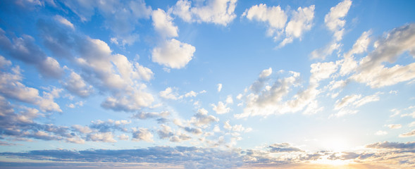 Blue sky clouds background, Beautiful landscape with clouds and orange sun on sky