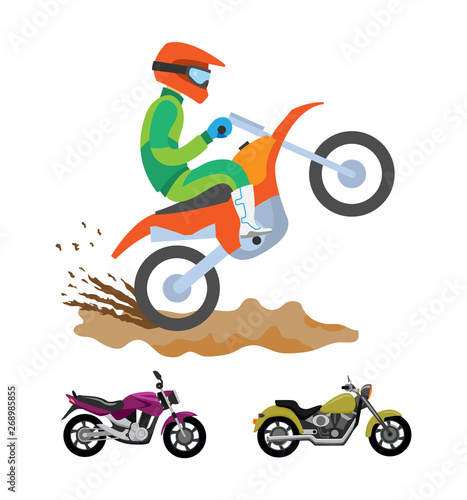 Person on bike vector, isolated male wearing special uniform and protective helmet doing tricks on motorbike. Types and shapes of motorcycle transport