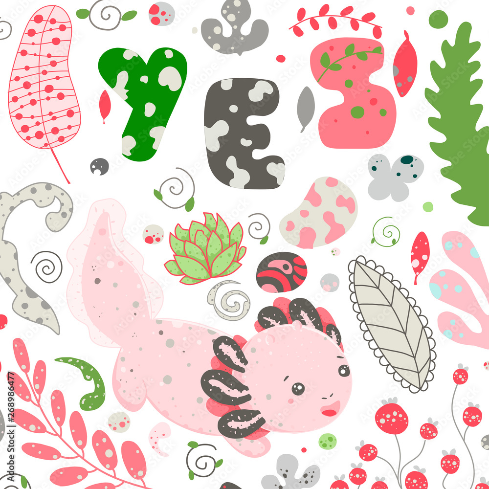 Cute Kawaii axolotl, baby amphibian drawing. Cute animal drawing, funny  cartoon illustration. lettering YES. Flat style design. Ambystoma mexicanum  Stock Vector | Adobe Stock