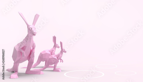 kangaroo Animal Family lowpoly Groups on Concept Modern Art paste purple background - 3d rendering