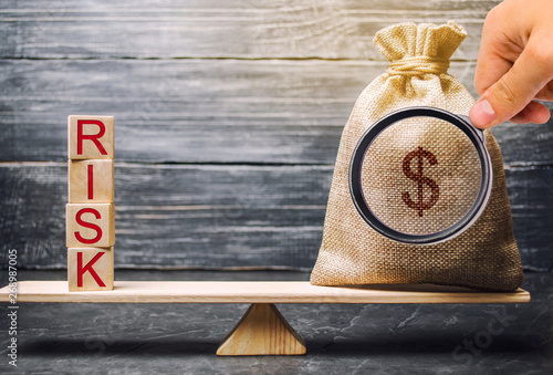 Bilde på lerret Money bag and wooden blocks with the word Risk