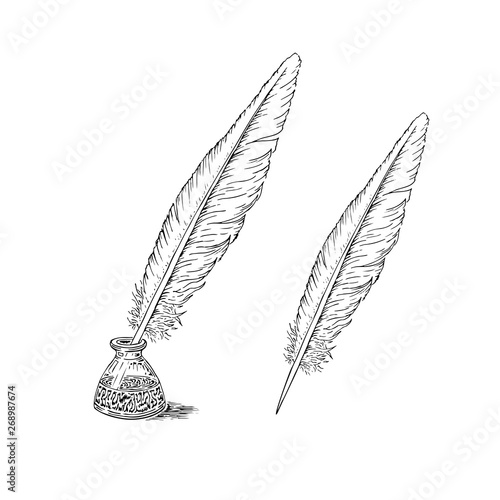 A simple quill pen and inkwell sketch. Vector image hand drawn in vintage style