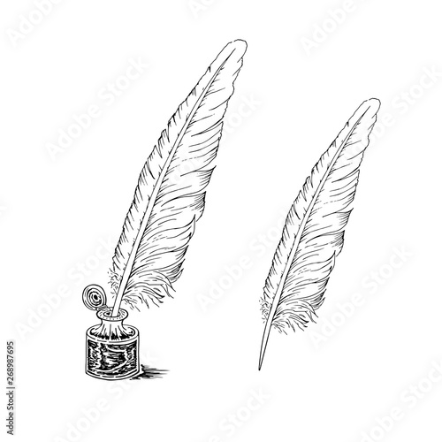 Goose quill in an old fashioned decorative inkwell isolated on white background. Vector monochrome freehand drawing schematic illustration of a painted picture in style of book engravings