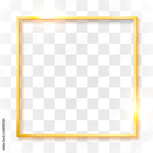 Gold shiny vintage border isolated on transparent background. Golden luxury realistic rectangle frame.