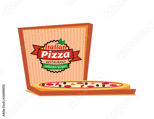 Italian pizza restaurant authentic recipes vector, isolated logo of cafe. Delivery and order of food in carton box, slices with salami and cheese logotype