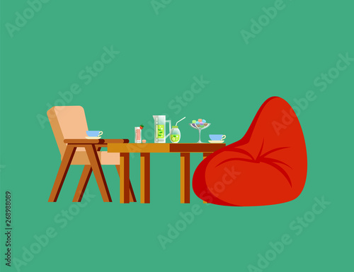 Wooden chair and big soft bag, fresh fruit drink in glass, sweets and ceramic cup with saucer on table. Modern 3D view of place with cocktails vector