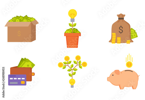 Money pile in carton box vector, isolated financial set of icons banknotes gold coins American currency in pot tree of ideas with lightbulb. Credit card and wallet