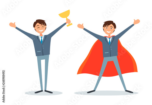 Man holding gold prize cup and business super businessman boss vector. Superhuman wearing red cloak as hero, director chief executive of company with award