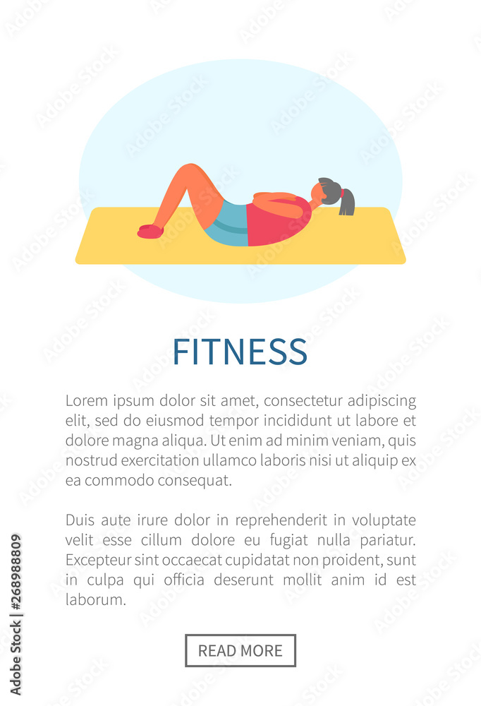 Fitness and exercise, woman doing sit-ups on rug vector. Healthy lifestyle and workout, physical activity and morning training isolated female character