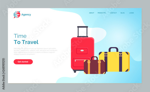 Time to travel vector, packed personal belongings of people, touristic baggage and suitcases with clothes. Adventures time, touristic destinations. Website or webpage template, landing page flat style