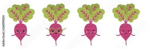 Set, collection of cute and happy cartoon style beet characters for autumn, organic food and harvest design.
