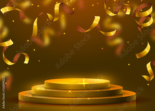 Abstract round podium illuminated with spotlight. Award ceremony concept. Stage backdrop.