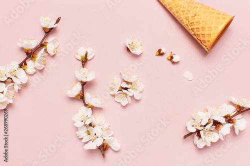 Waffle cone with bouquet of spring blooming branches of white flowers on pastel pink background. Creative spring minimal concept. Flat lay top view copy space.