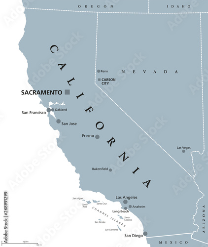 California political map with capital Sacramento, the largest cities and borders. State in the Pacific Region of the United States. The Golden State. Gray illustration on white background. Vector.