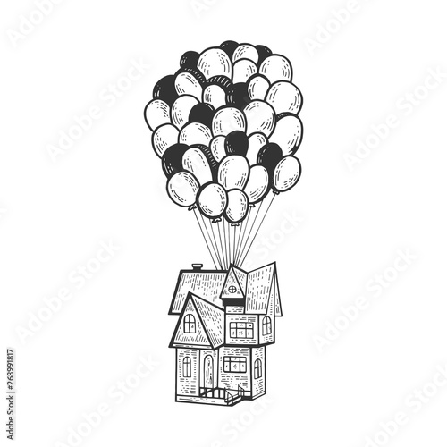 Fantastic fabulous house is flying on air balloons sketch line art engraving vector illustration. Scratch board style imitation. Black and white hand drawn image.