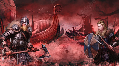 Viking War. Warrior Character Design. Realistic Scene Illustration. Video Game Digital CG Artwork.