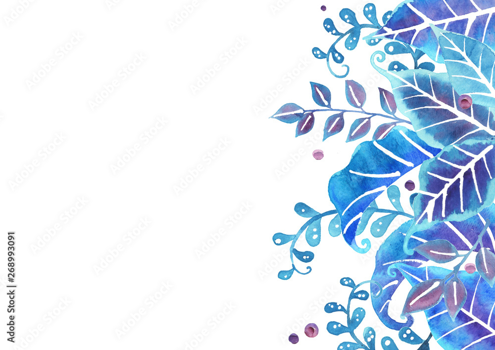 Fantasy blue leaves garden watercolor hand painting for decoration background