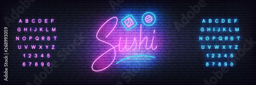 Sushi neon template. Glowing lettering Sushi and rolls for bar, cafe, fastfood.