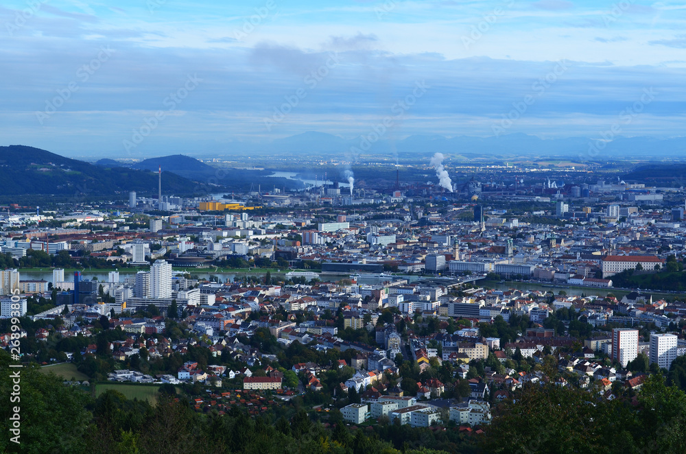 Obraz premium Panoramic Industrial City View Blue Sky