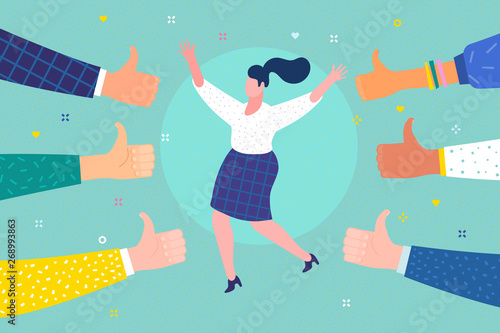 Concept of success. Cheerful young woman surrounded by hands with thumbs up.