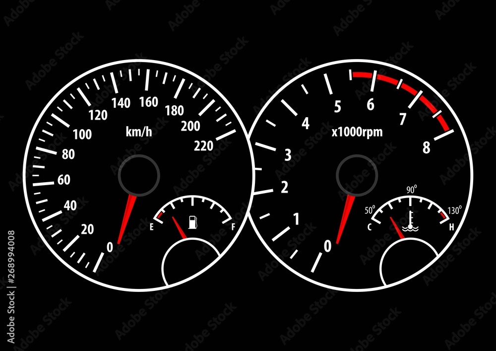 Car dashboard with speedometer, tachometer, fuel and temperature gauge ...
