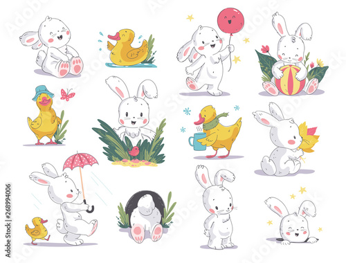 Vector hand drawn illustration set with cute white bunny and yellow little duck isolated on white background. Good for baby shower invitations, birthday cards, stickers, prints, advent calendar etc.