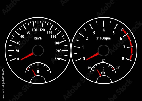 Car dashboard with speedometer, tachometer, fuel and temperature gauge. Vector illustration