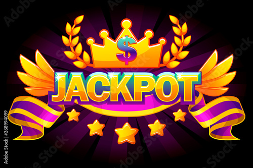 Jackpot banner. Casino label with crown and red award ribbon. Casino jackpot winner awards with golden text and ribbon. Vector objects on separate layers.