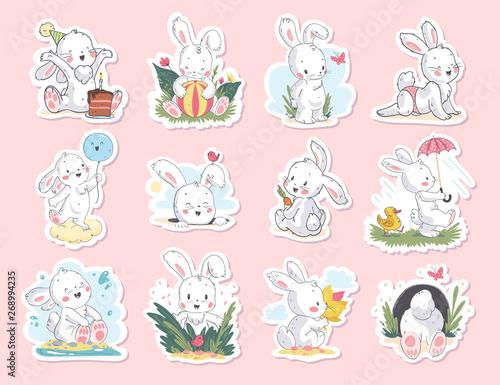Vector set of beautiful children stickers with cute little white bunny character sitting, smiling, walking isolated. Hand drawn sketch style. For baby shower card, happy birthday invitation, tee print