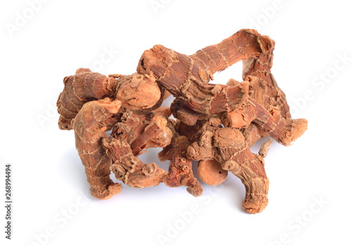Alpinia officinarum, known as lesser galangal, or Havlucan. Dried Root. Isolated on white background