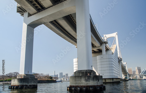 Rainbow Bridge is a bridge on Tokyo Bay between Shibaura Pier and the Odaiba waterfront. Tokyo, Japan.