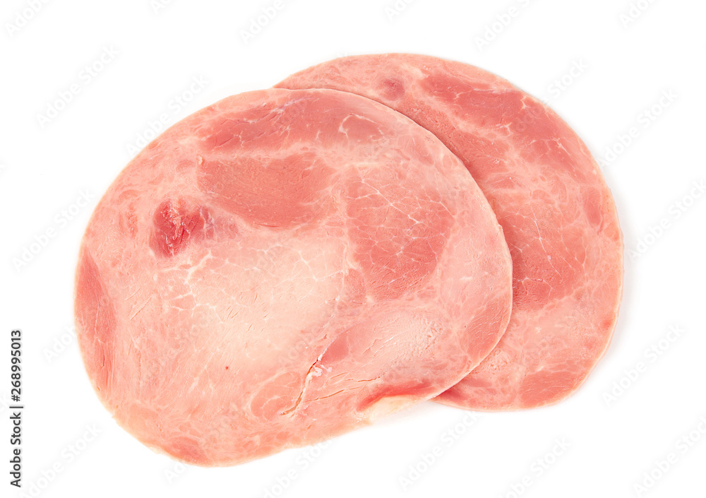 Sliced boiled ham sausage isolated on white Sliced boiled ham sausage isolated on white
