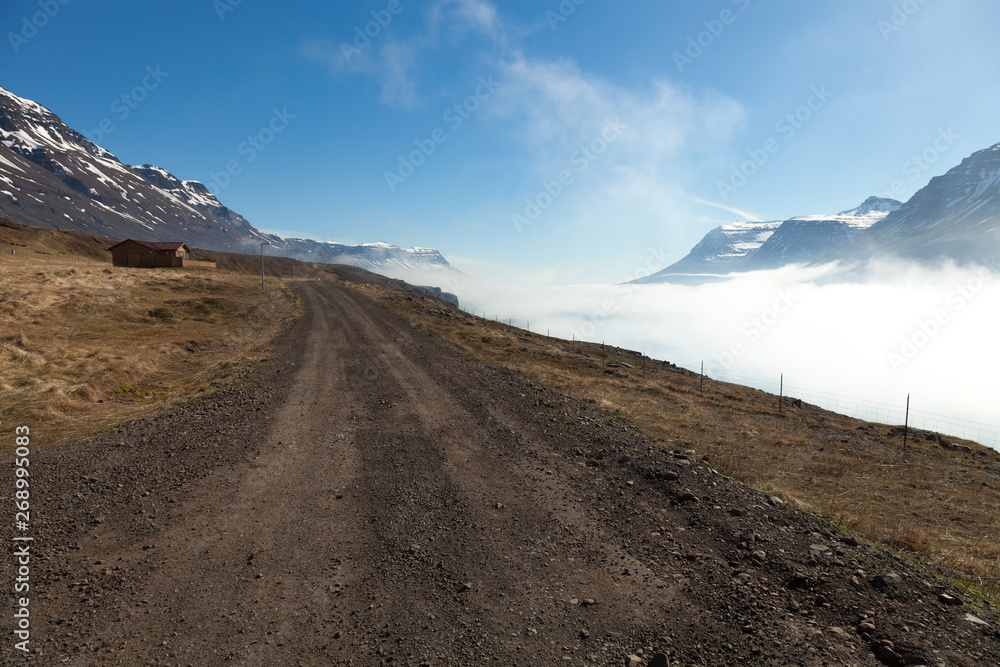 Foggy landscape of the fjords of Iceland