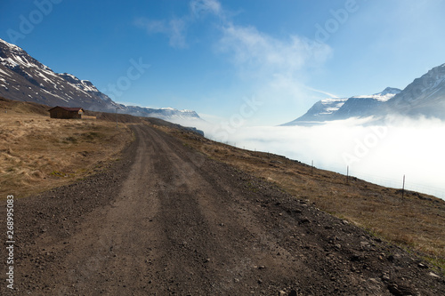 Foggy landscape of the fjords of Iceland