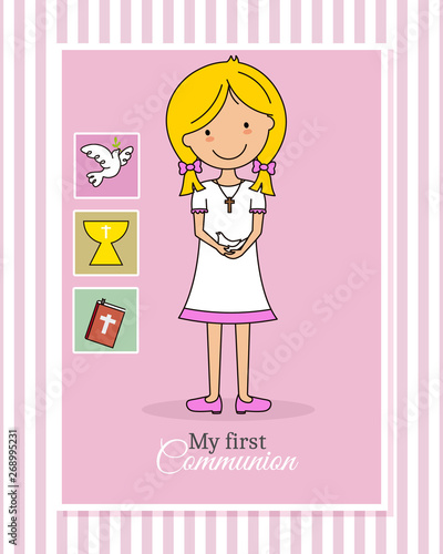 Card my first communion girl. Child with pigeon in his hands