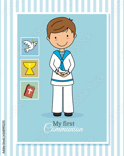 Card my first communion boy. Child with pigeon in his hands