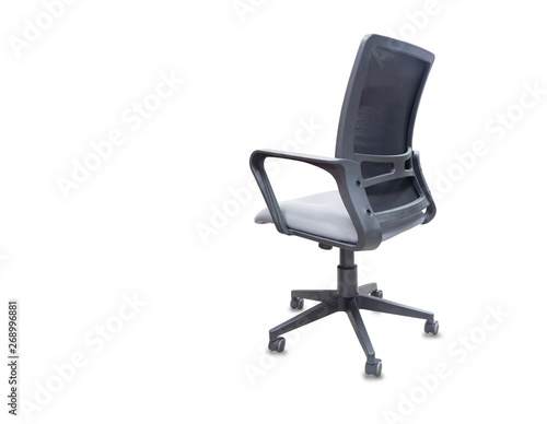 The back view of office chair from grey cloth. Isolated