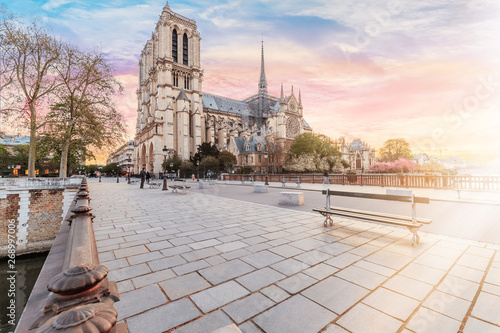 Notre Dame de Paris front square very early in the morning with no people. One week before the destructive fire on the 15.04.2019. Front entrance view Paris, France.
