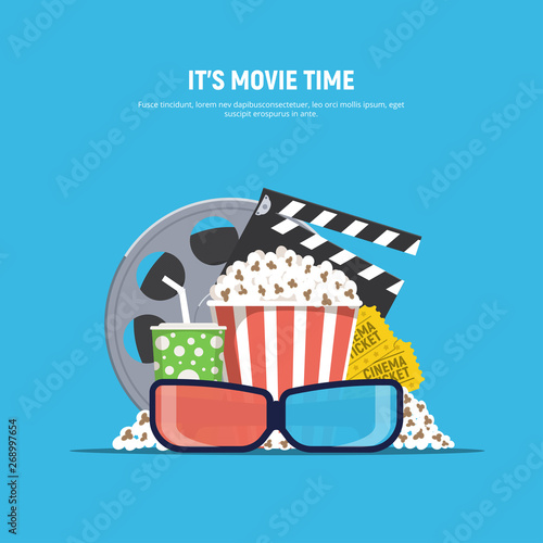 Cinema banner concept. Movie time.Popcorn, drink, 3d glasses, clapperboard and cinema tickets. Vector Illustration in flat style.
