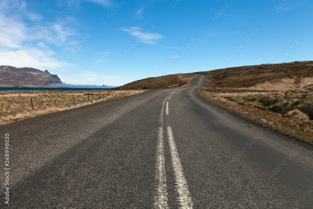 Asphalt road in the fjords of Iceland