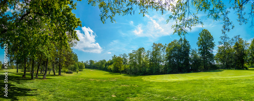 Course of a golf course in Germany, with rows of trees on both sides of the green, landscape
