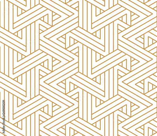 Abstract geometric pattern with stripes, lines. Seamless vector background. White and gold ornament. Simple lattice graphic design