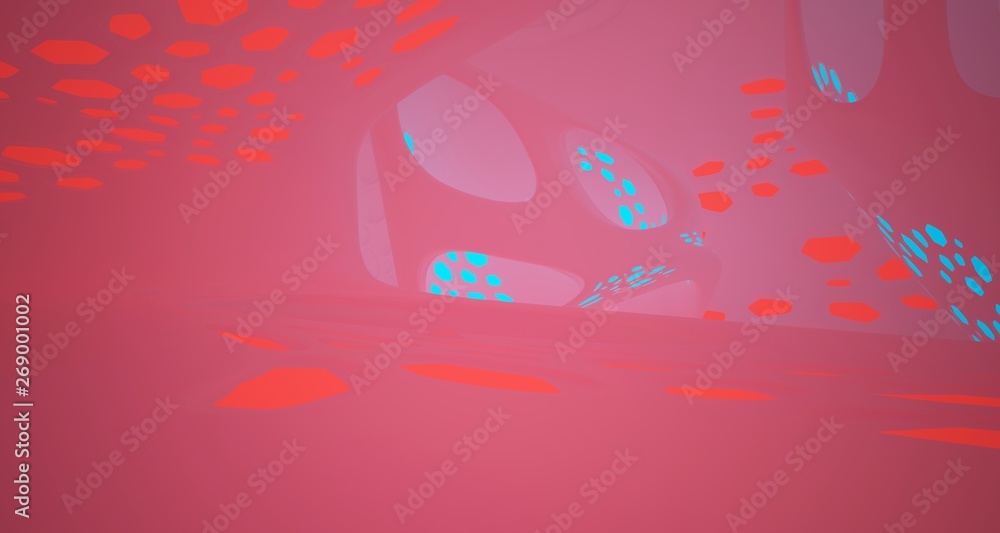 Abstract  white Futuristic Sci-Fi interior With Blue And Red Glowing Neon Tubes . 3D illustration and rendering.