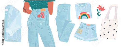 Light blue denim jeans pants, jacket, t-shirt with cool print, shorts and eco shopping bag. Hand drawn vector set. Trendy illustration. Flat design. Stamp texture. All elements are isolated