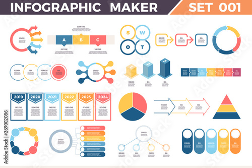 Business infographics. Data visualization templates with timelines, steps, options, processes, diagrams, charts, graphs. Vector infographic maker.