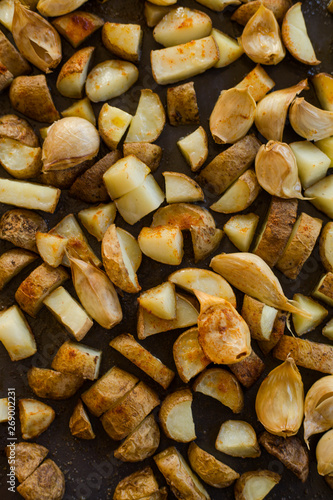 Roasted Potatoes Close Carlic Cloves photo